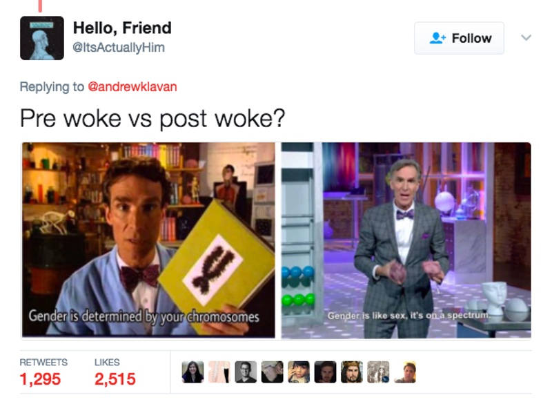 Screenshot of a tweet showing a doctored image of Bill Nye saying that “Gender is determined by your chromosomes” (Twitter/ItsActuallyHim)